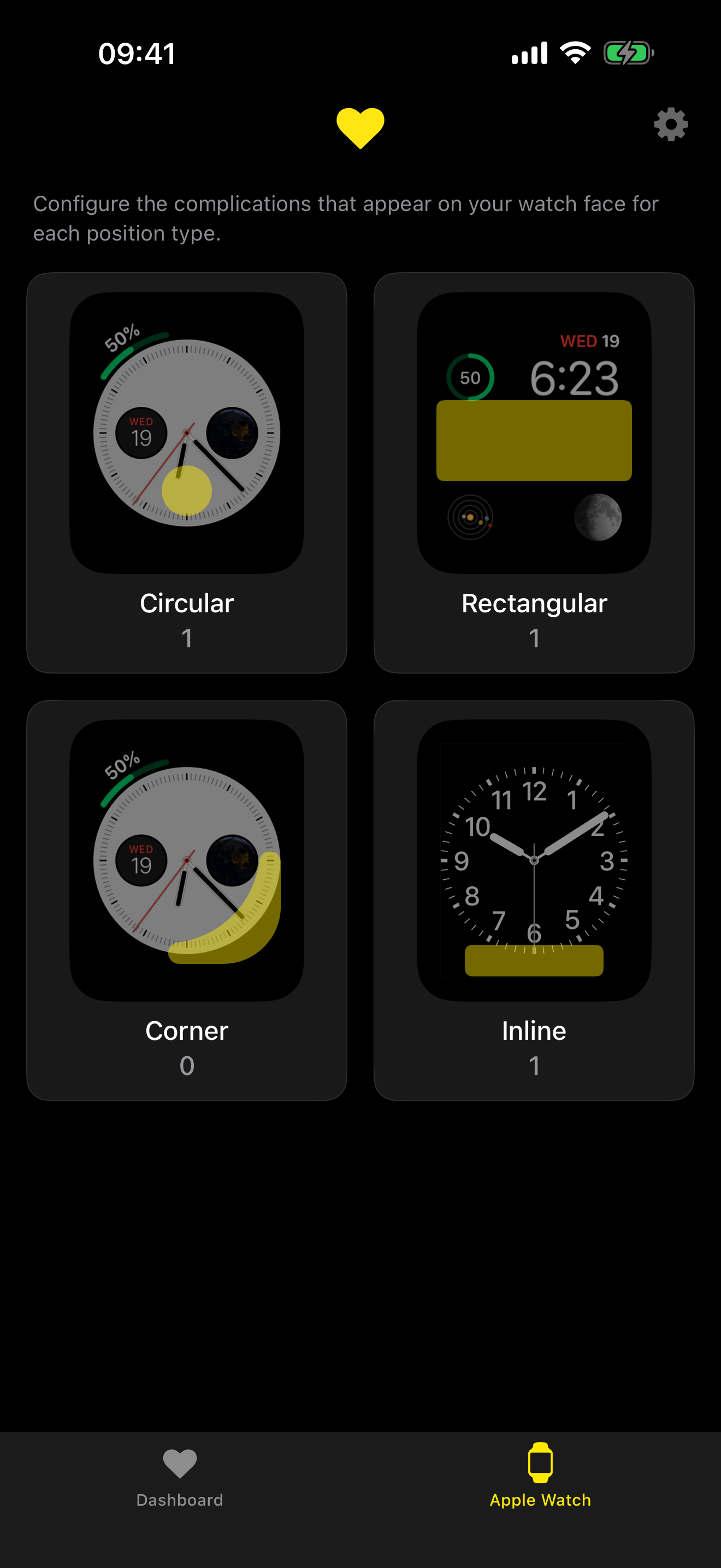 HealthFace complication configuration showing circular, rectangular, corner, and inline types
