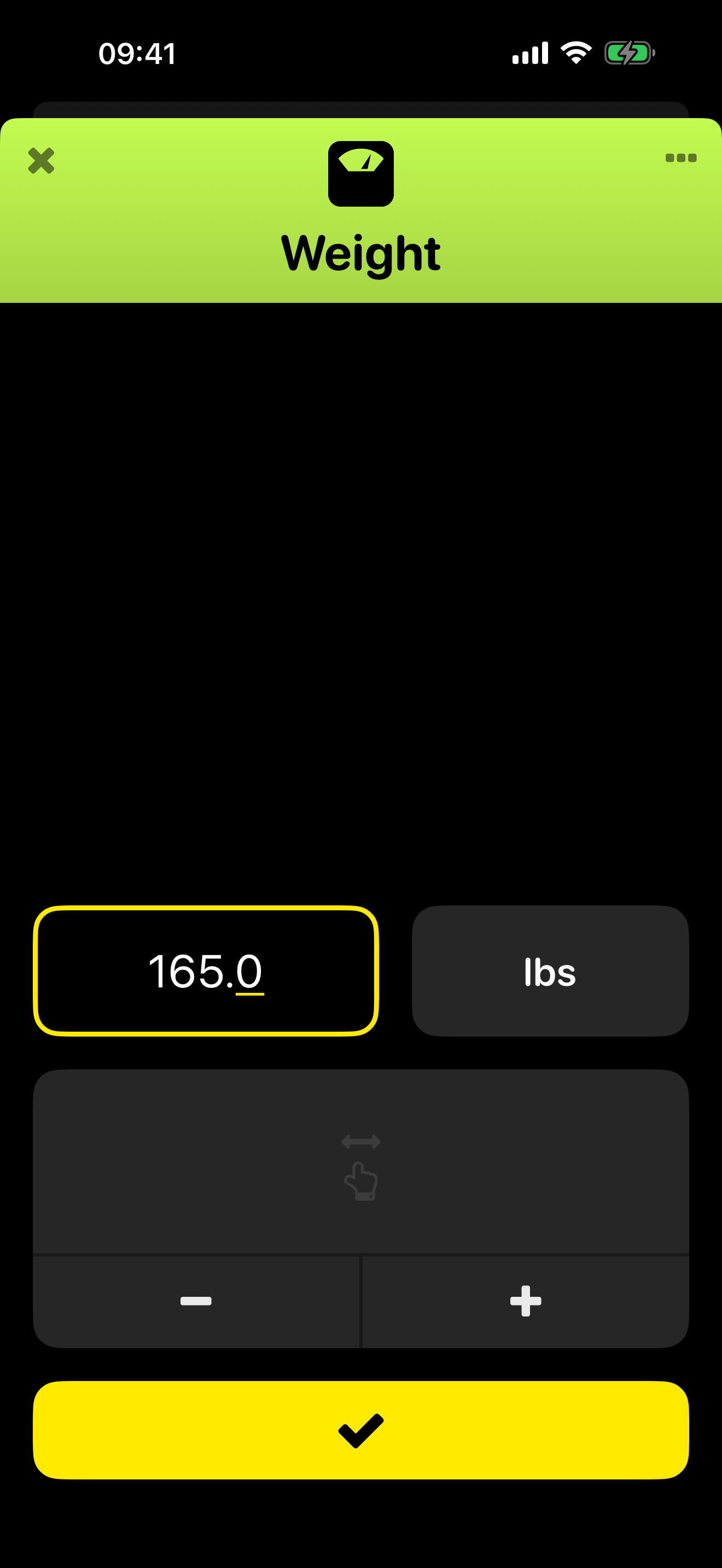 HealthFace data entry screen for recording weight