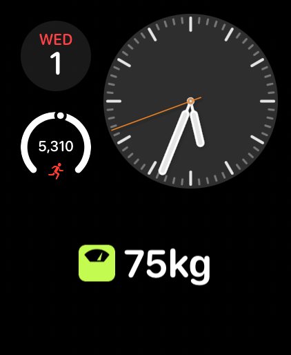 Apple Watch face with HealthFace complications showing step count and weight